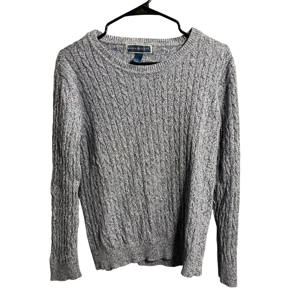 Karen Scott Womens Blue Marled Cable Knit Cotton Crew Neck Sweater Large